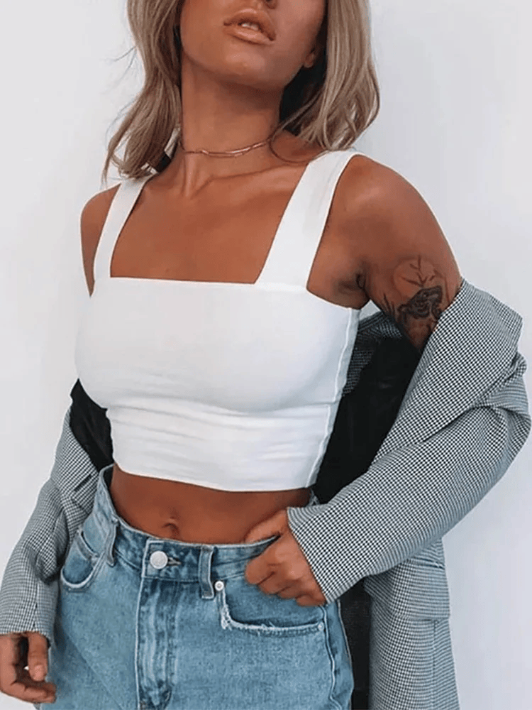 Square Neck Sleeveless Crop Top Women Casual Basic T Shirt Off Shoulder Backless Tank Top