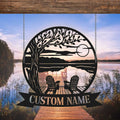 Tree Chairs Dock on Lake House Scene Sunset sign Personalized Metal Monogram, Wedding Gift. Family, Outdoor Name Sign, Last Name,Front Door