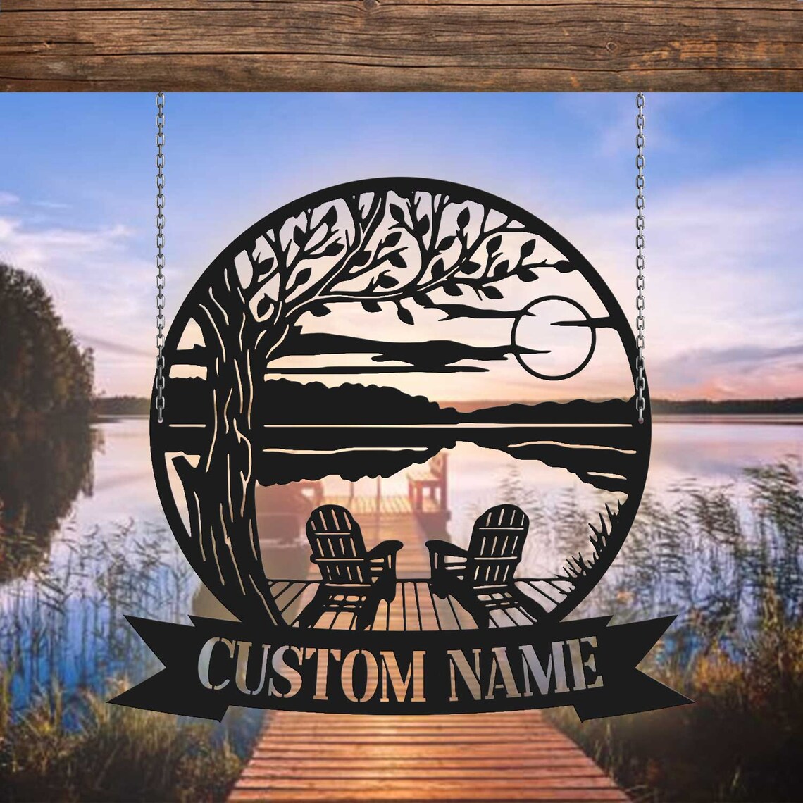 Tree Chairs Dock on Lake House Scene Sunset sign Personalized Metal Monogram, Wedding Gift. Family, Outdoor Name Sign, Last Name,Front Door