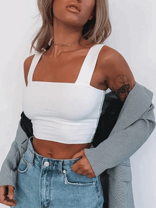 Square Neck Sleeveless Crop Top Women Casual Basic T Shirt Off Shoulder Backless Tank Top